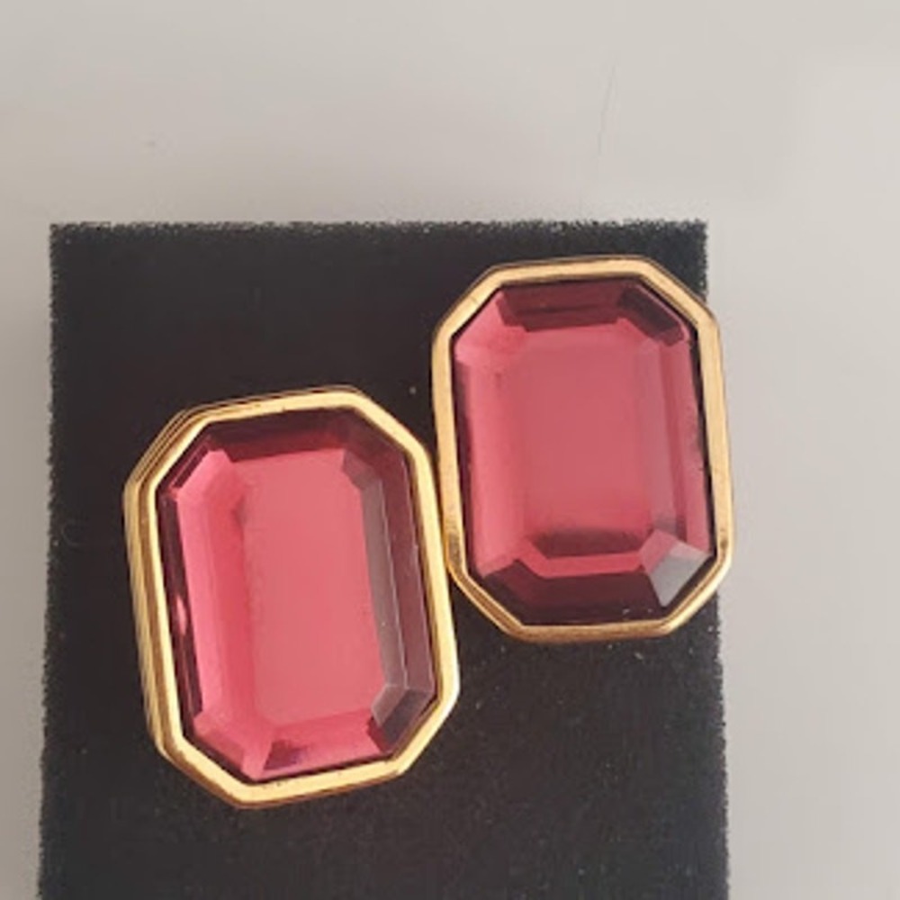 Joan Rivers Emerald Cut Pink Crystal Gold Tone‎ Stud Earrings Signed